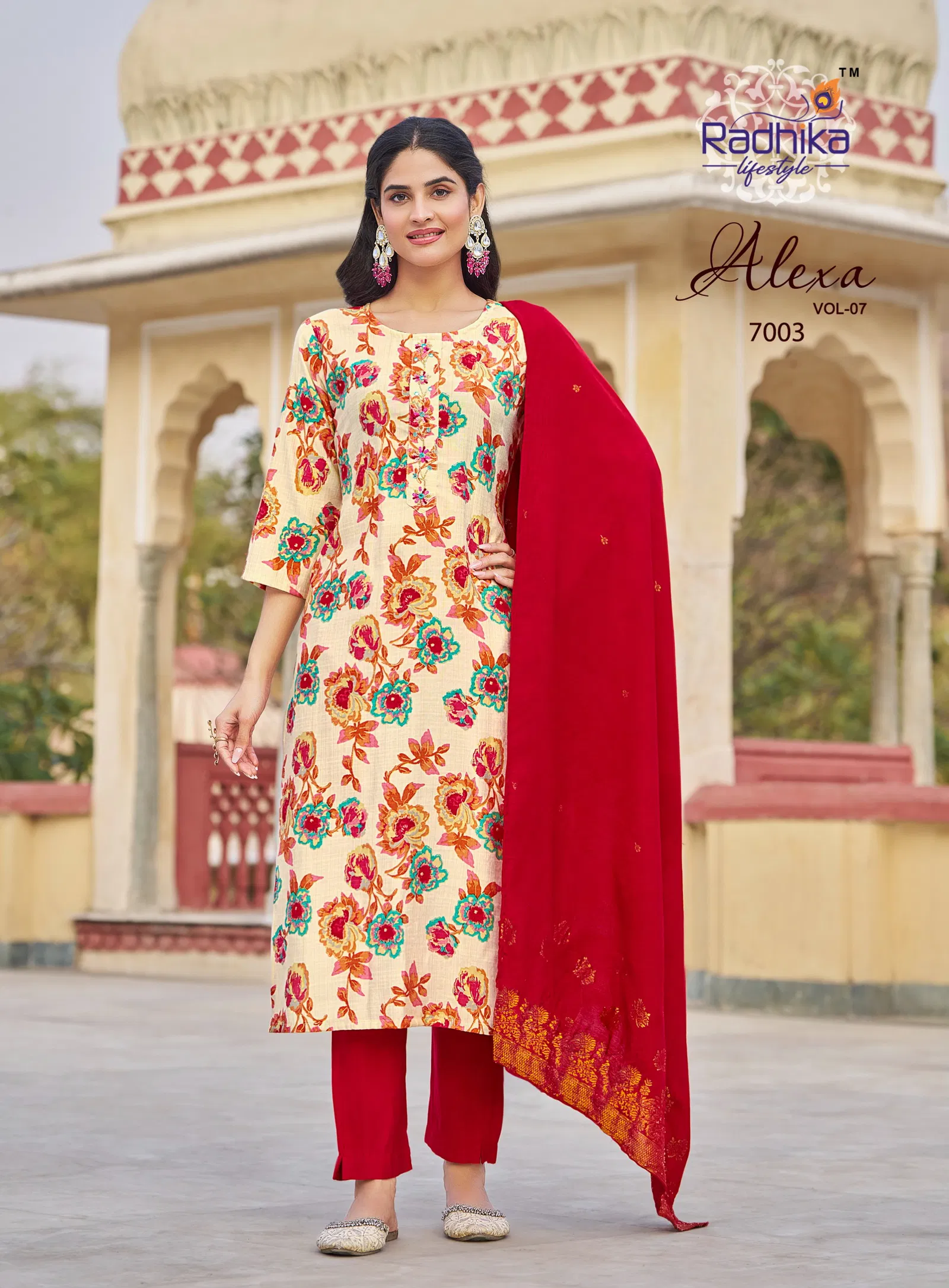Radhika Alexa Vol 7 Vertican Silk Foil Printed Kurti Pant And Dupatta