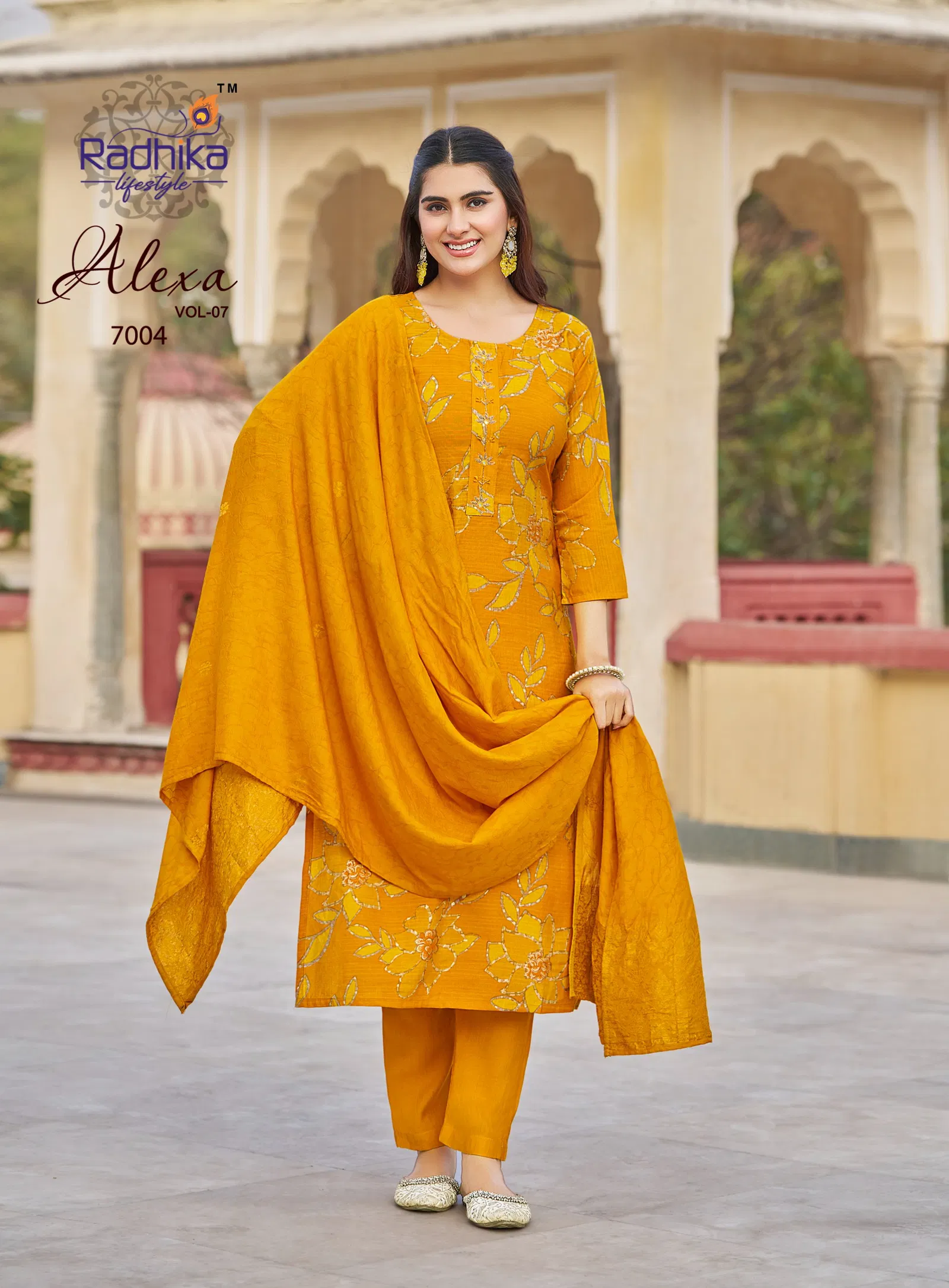 Radhika Alexa Vol 7 Vertican Silk Foil Printed Kurti Pant And Dupatta