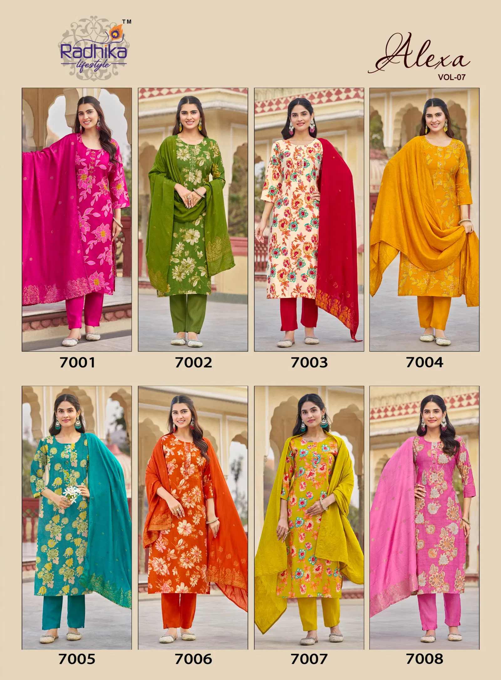 Radhika Alexa Vol 7 Vertican Silk Foil Printed Kurti Pant And Dupatta