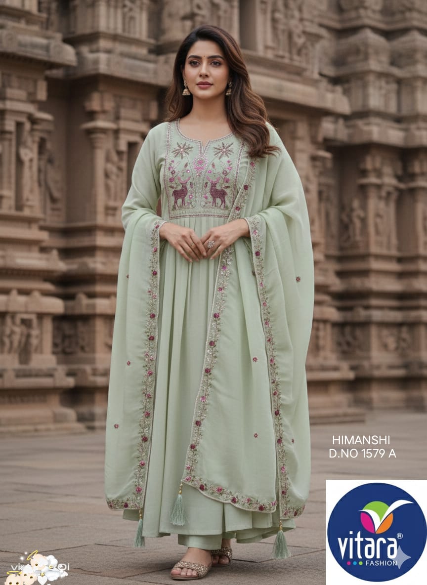 Vitara Himanshi Mul Chanderi Gown With Bottom And Dupatta