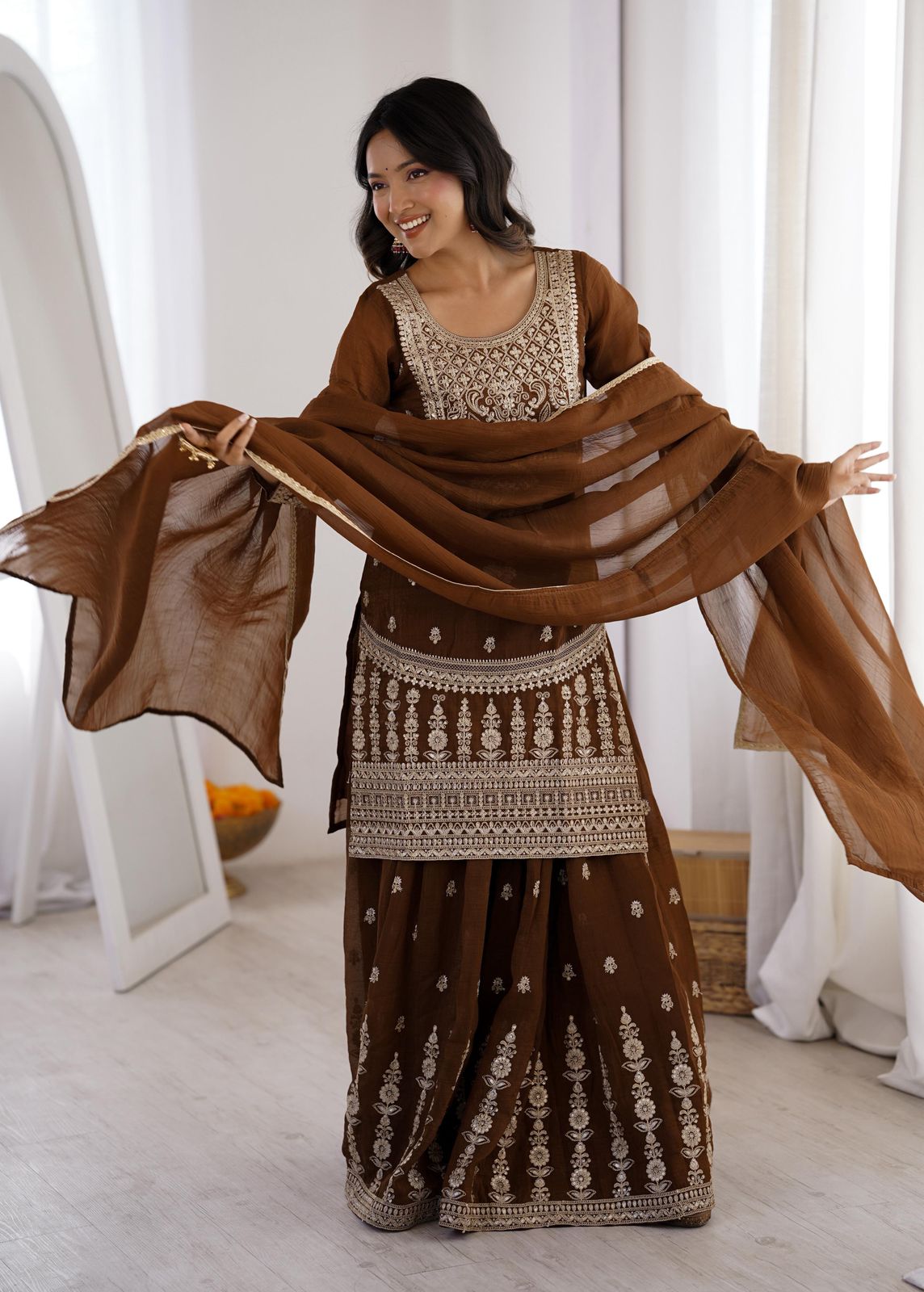 NCO 60 HKB Crunchy Silk Fancy Embroidery Top Sharara With Dupatta
