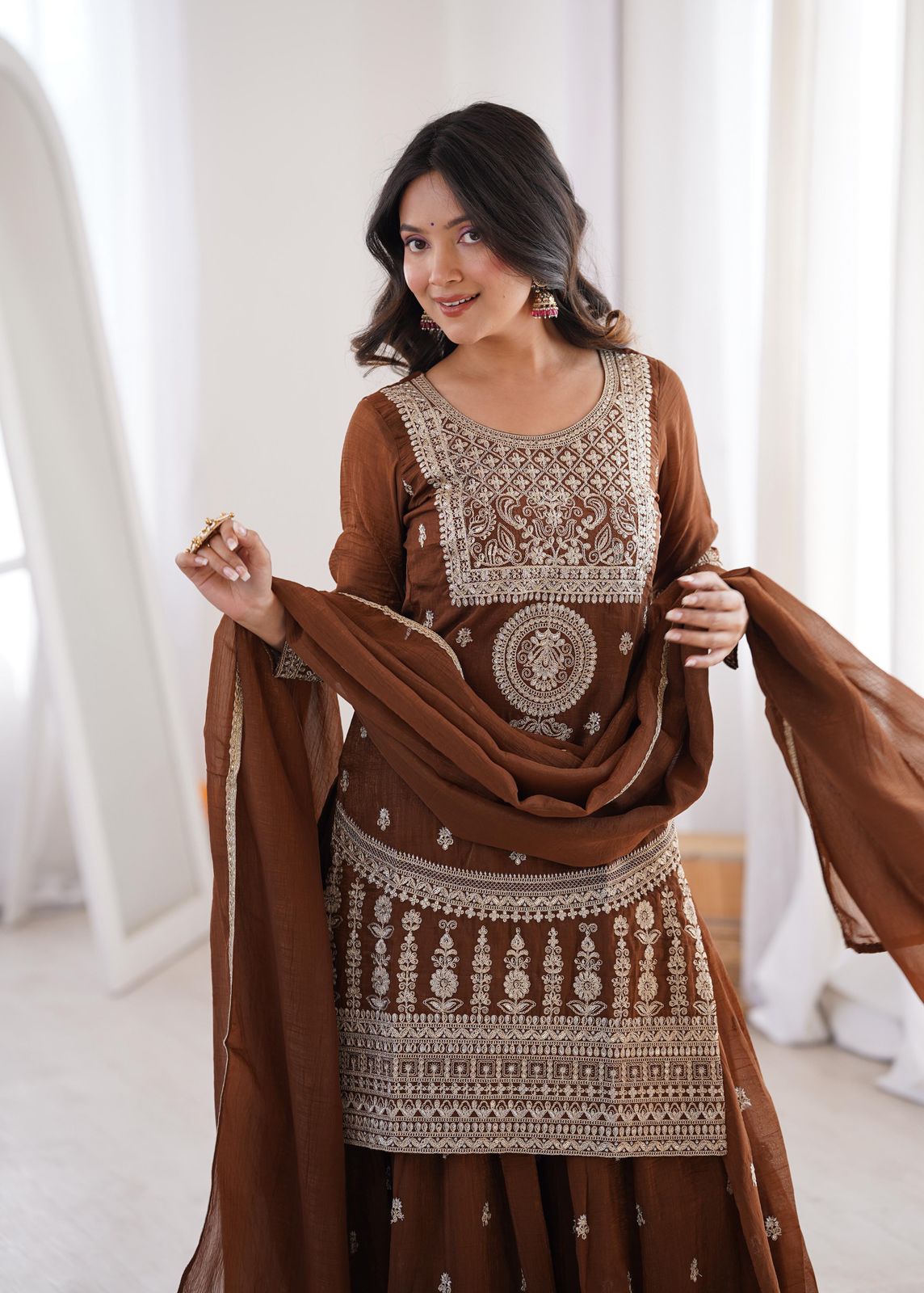 NCO 60 HKB Crunchy Silk Fancy Embroidery Top Sharara With Dupatta