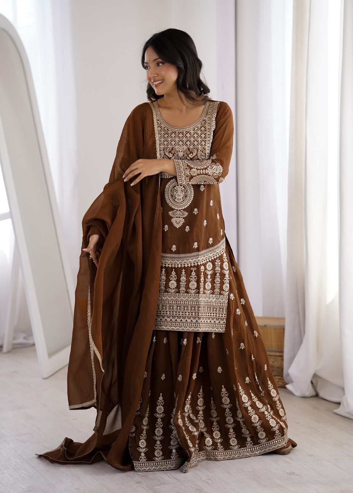 NCO 60 HKB Crunchy Silk Fancy Embroidery Top Sharara With Dupatta