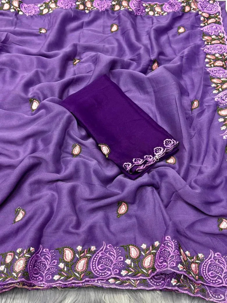New Rosewood Georgette Embriodery Worked Party Wear Saree Collection
