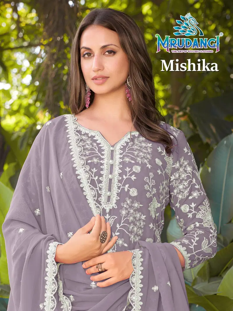 Mrudangi Mishika Georgette Beads Embroidered Kurti With Sharara And Dupatta