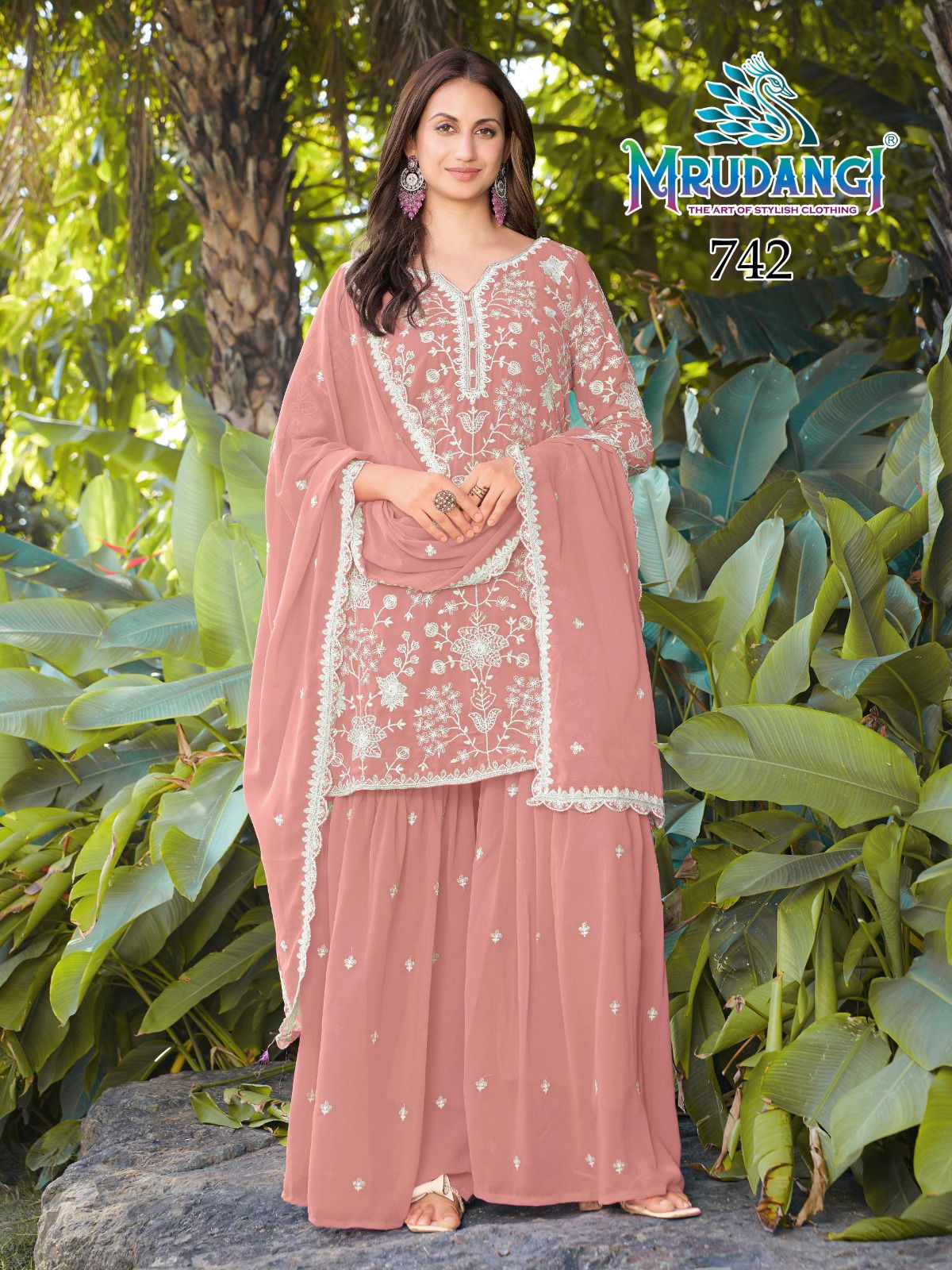 Mrudangi Mishika Georgette Beads Embroidered Kurti With Sharara And Dupatta