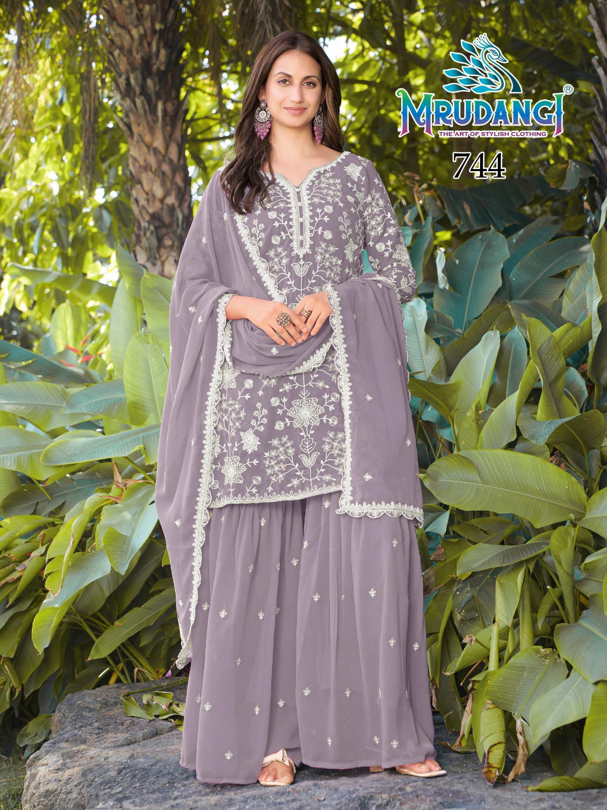 Mrudangi Mishika Georgette Beads Embroidered Kurti With Sharara And Dupatta