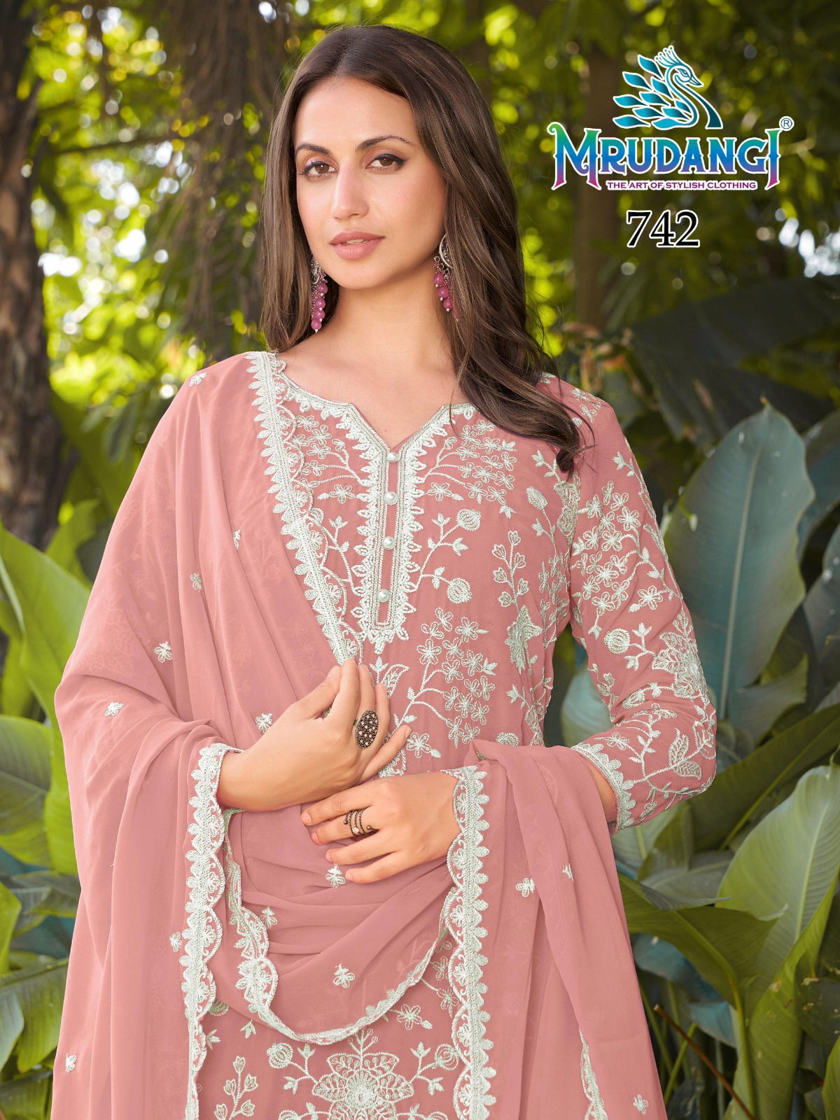 Mrudangi Mishika Georgette Beads Embroidered Kurti With Sharara And Dupatta