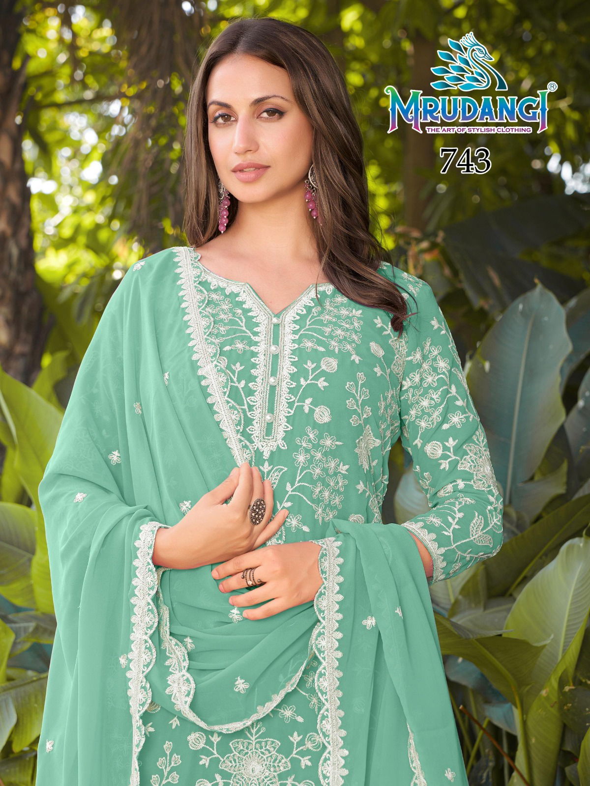 Mrudangi Mishika Georgette Beads Embroidered Kurti With Sharara And Dupatta