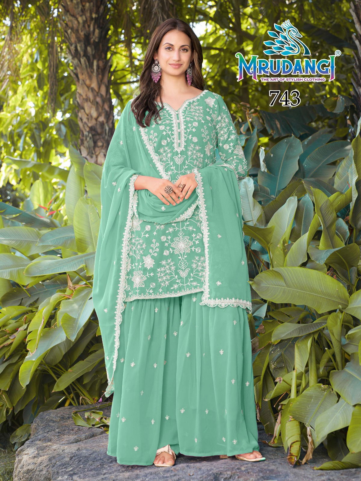 Mrudangi Mishika Georgette Beads Embroidered Kurti With Sharara And Dupatta