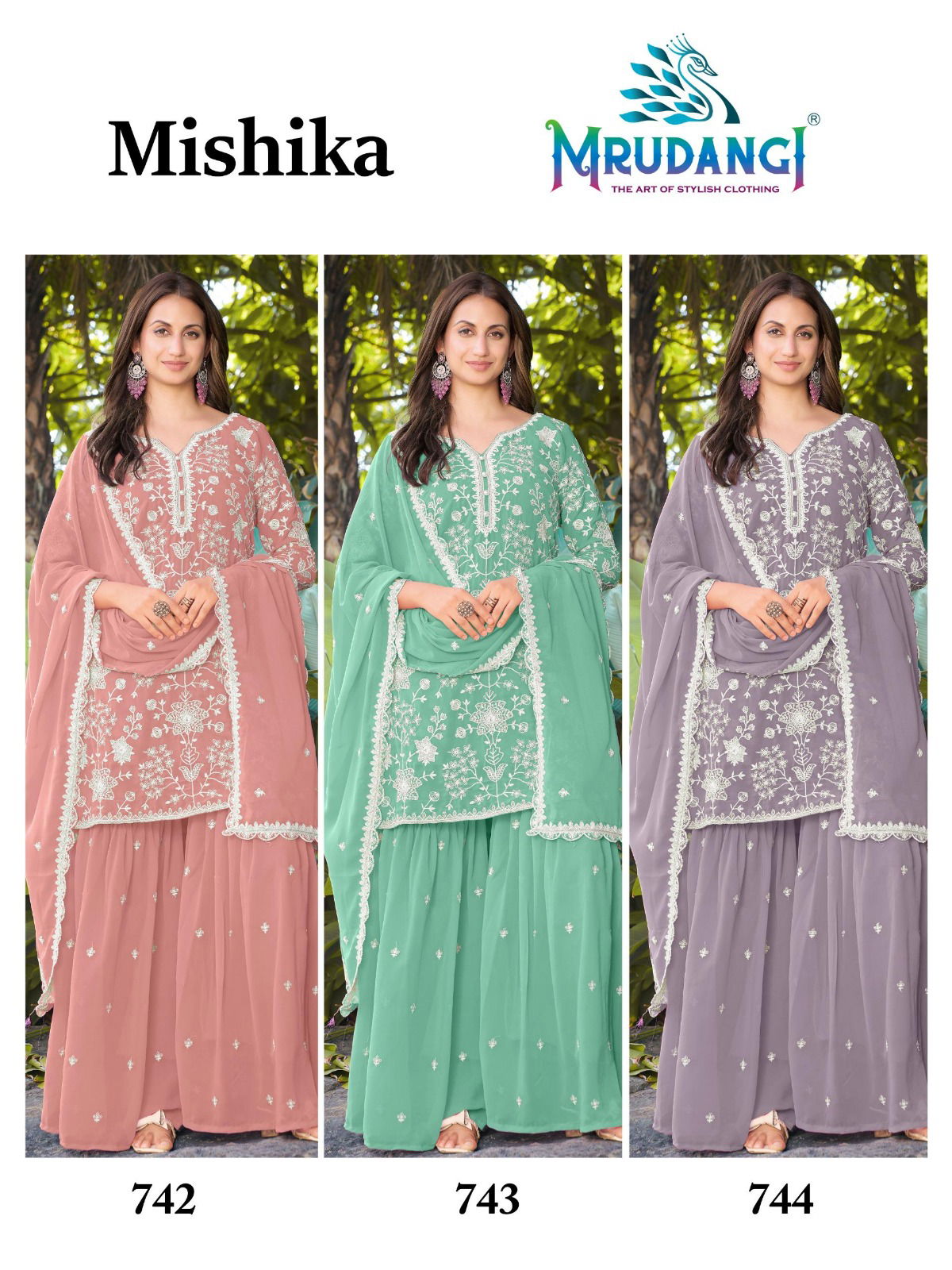 Mrudangi Mishika Georgette Beads Embroidered Kurti With Sharara And Dupatta