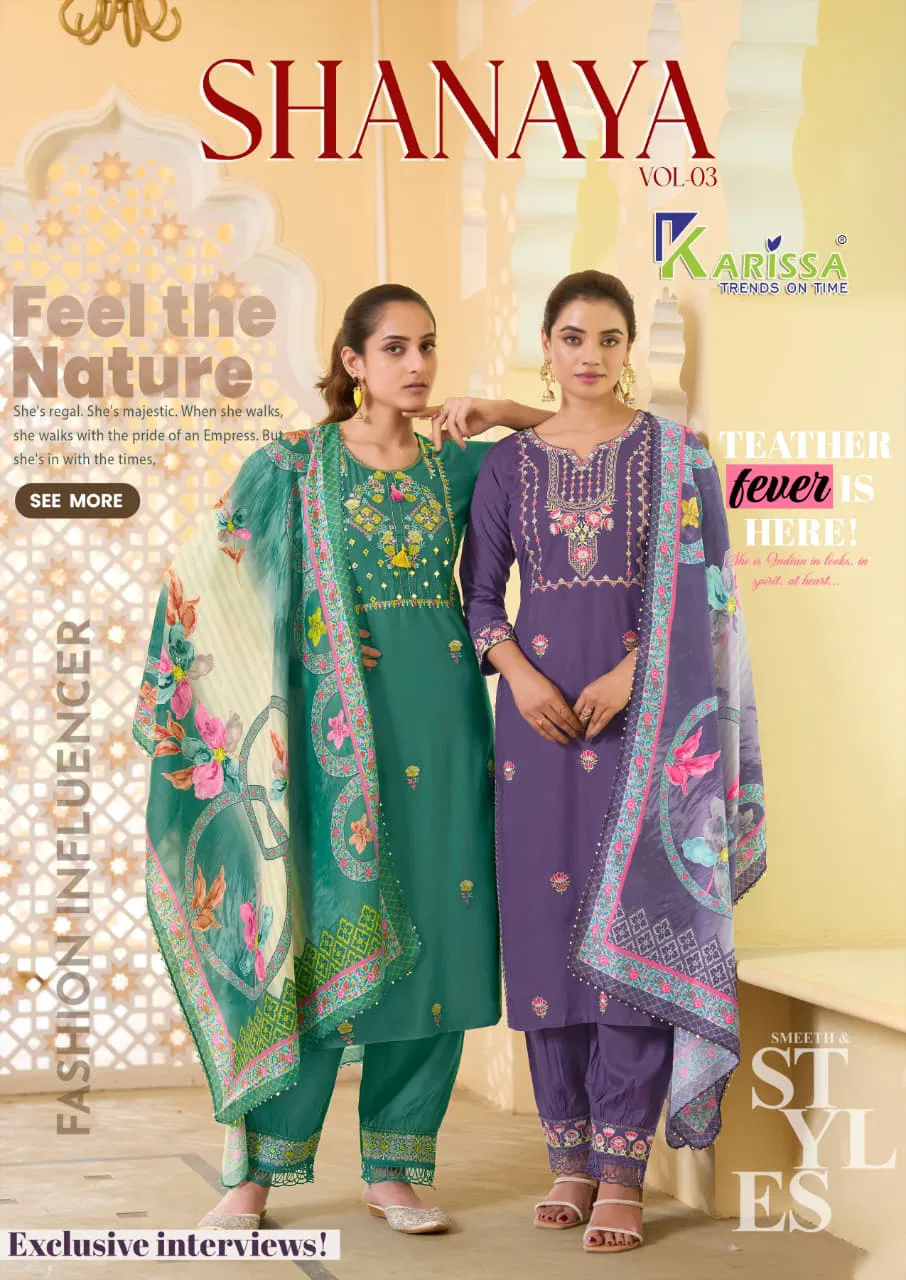 Karissa Shanaya Vol 3 Rayon Embroidered Kurti With Bottom And Dupatta