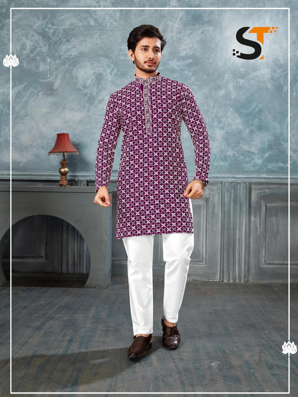 Lekha Sal 7 Heavy Rayon Chikan Work Wedding Wear Mens Kurta Pajama