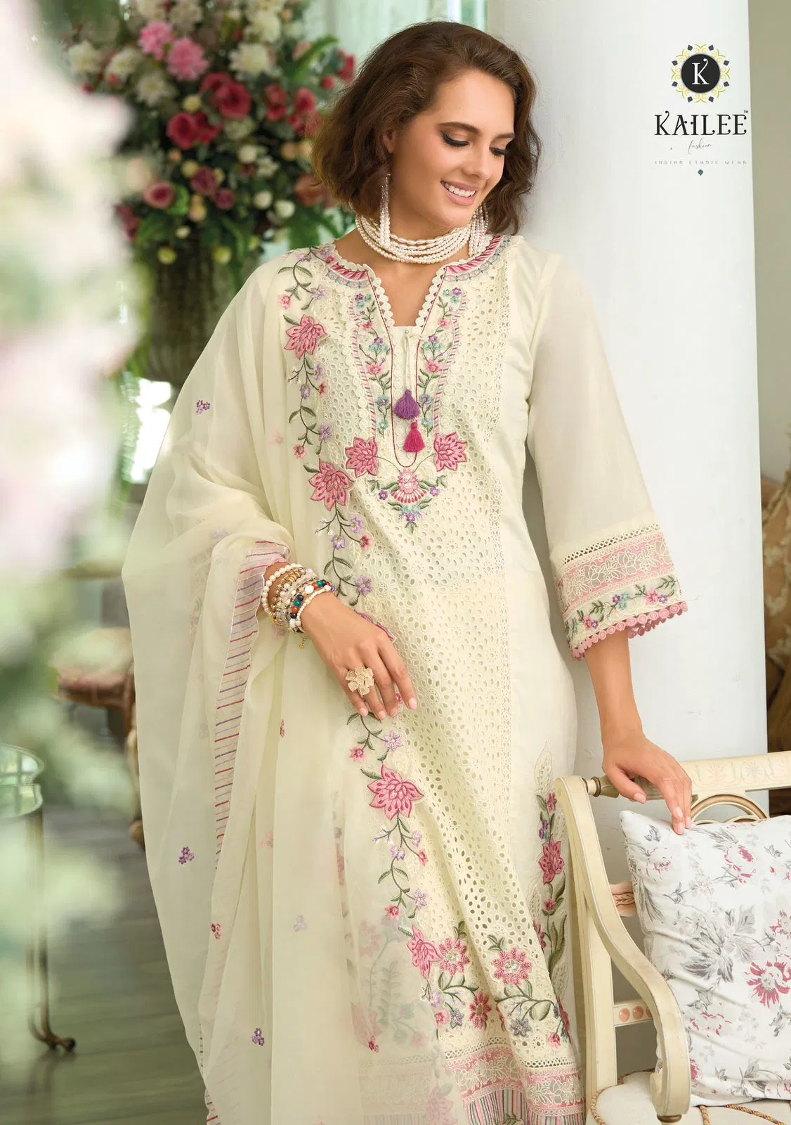 Kailee Safarnama Vol 8 Cotton Thread Worked Designer Kurti Pant And Dupatta
