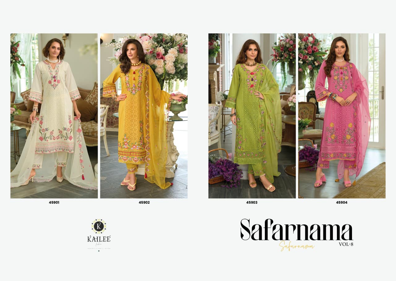 Kailee Safarnama Vol 8 Cotton Thread Worked Designer Kurti Pant And Dupatta