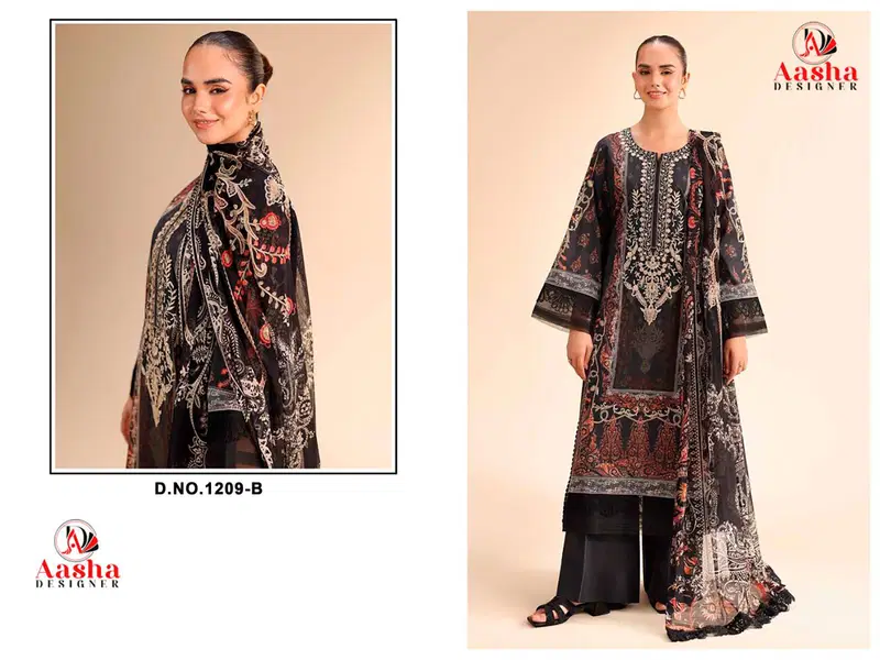 Aasha 1209 A And B Chiffon Dupatta Pure Cotton Patch Embroidered Pakistani Salwar Kameez