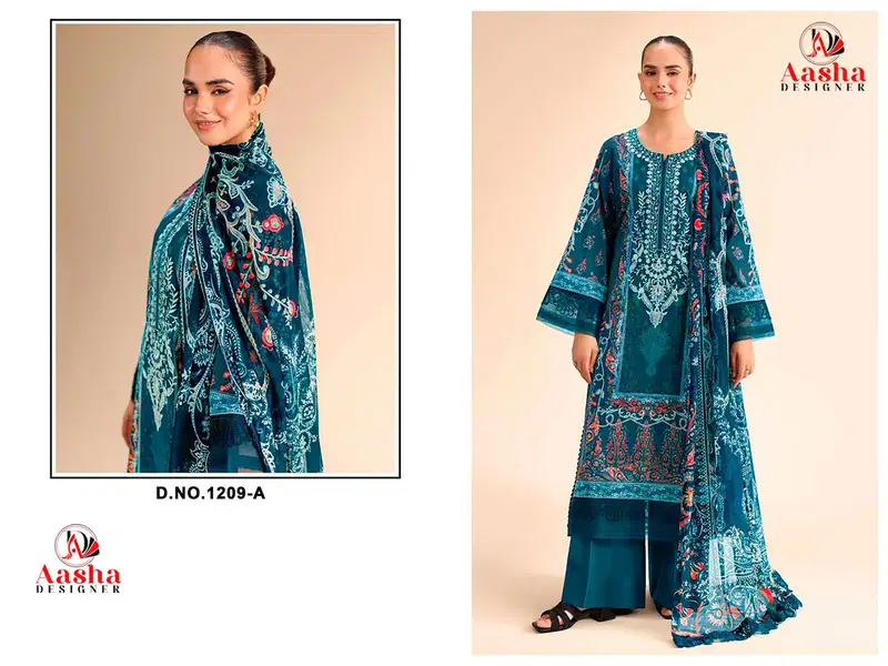 Aasha 1209 A And B Chiffon Dupatta Pure Cotton Patch Embroidered Pakistani Salwar Kameez