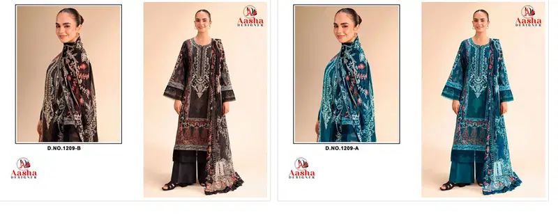 Aasha 1209 A And B Chiffon Dupatta Pure Cotton Patch Embroidered Pakistani Salwar Kameez
