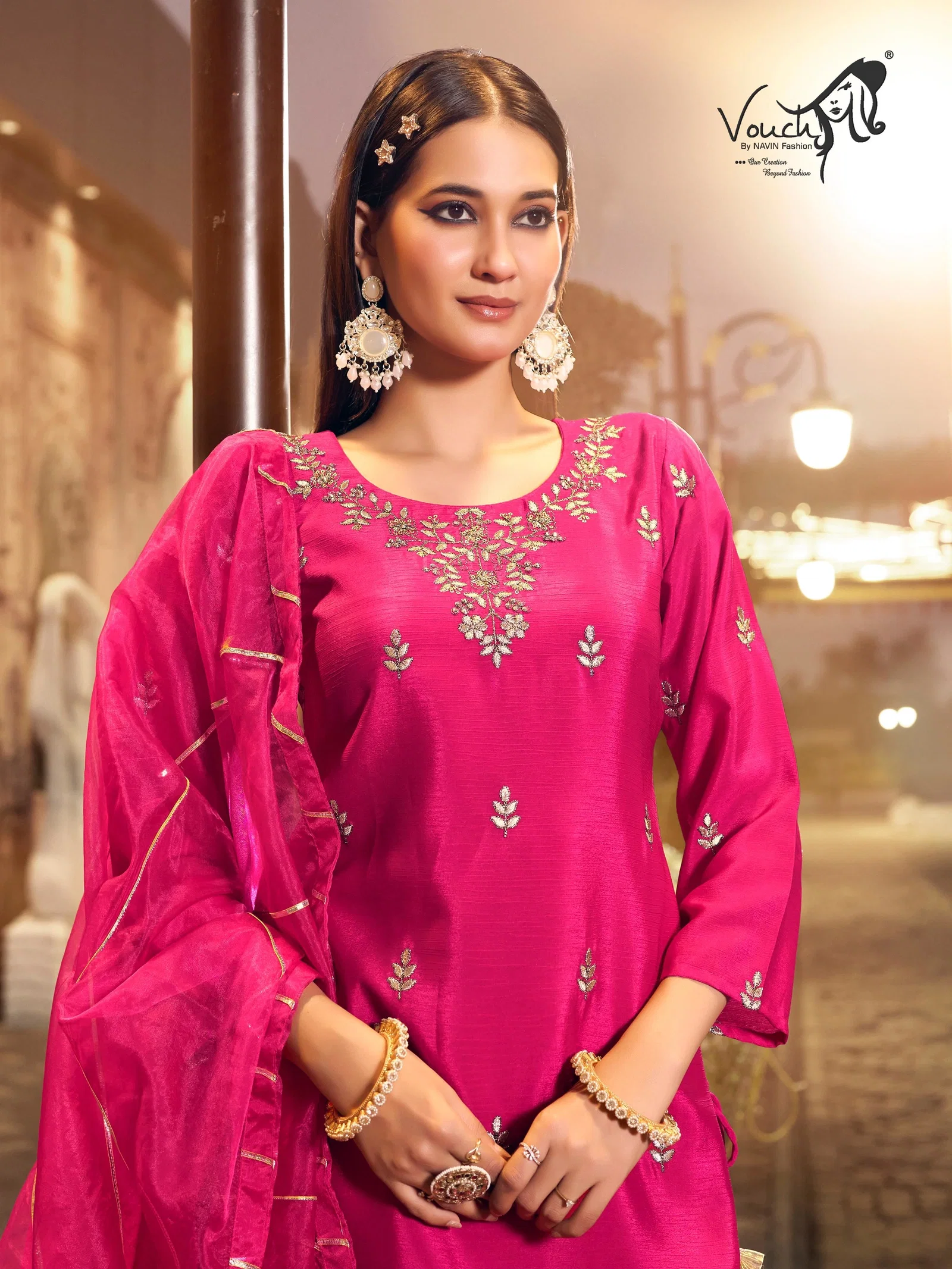 Vouch Pink Chinon Premium 3pc Salwar Suit Set Collection