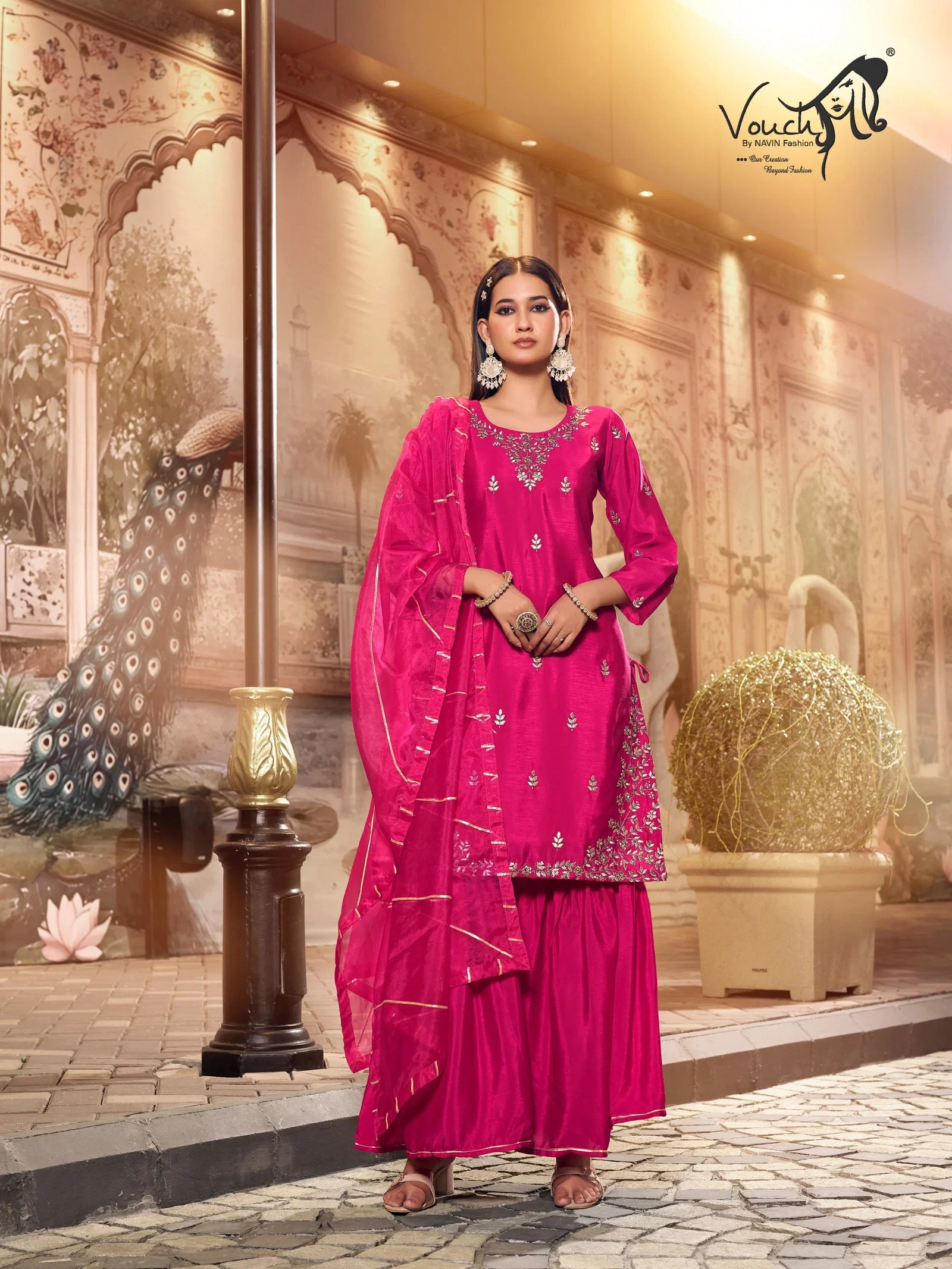 Vouch Pink Chinon Premium 3pc Salwar Suit Set Collection