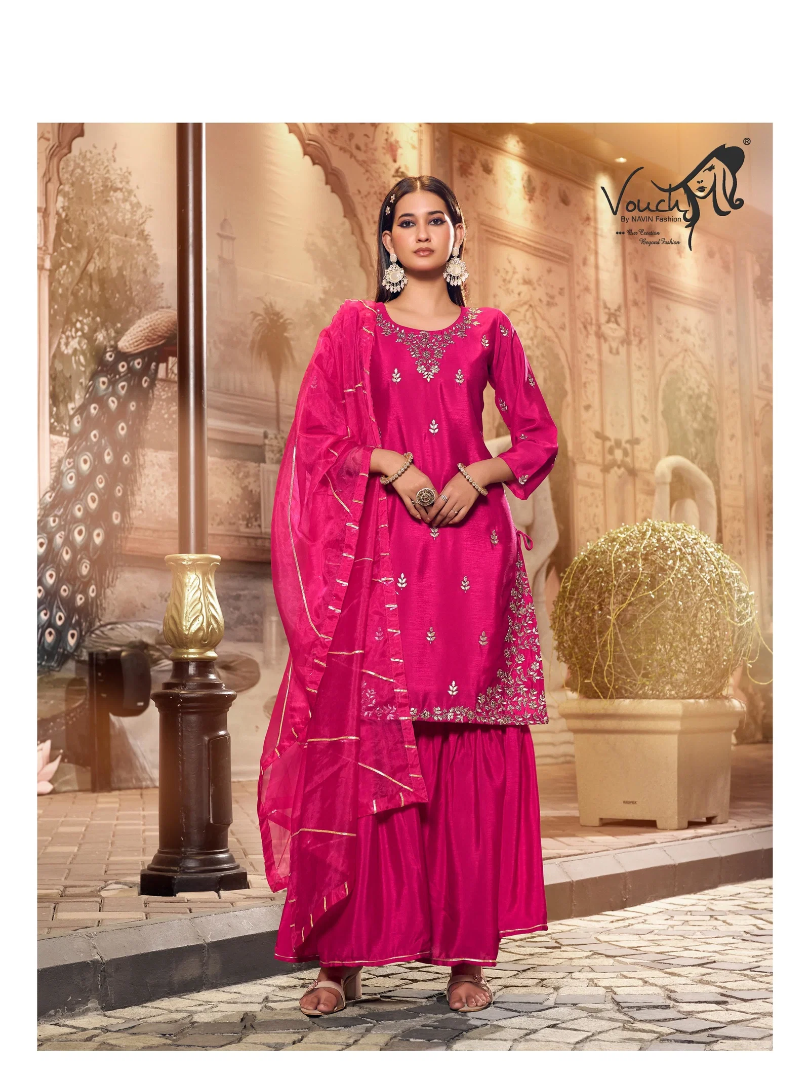 Vouch Pink Chinon Premium 3pc Salwar Suit Set Collection