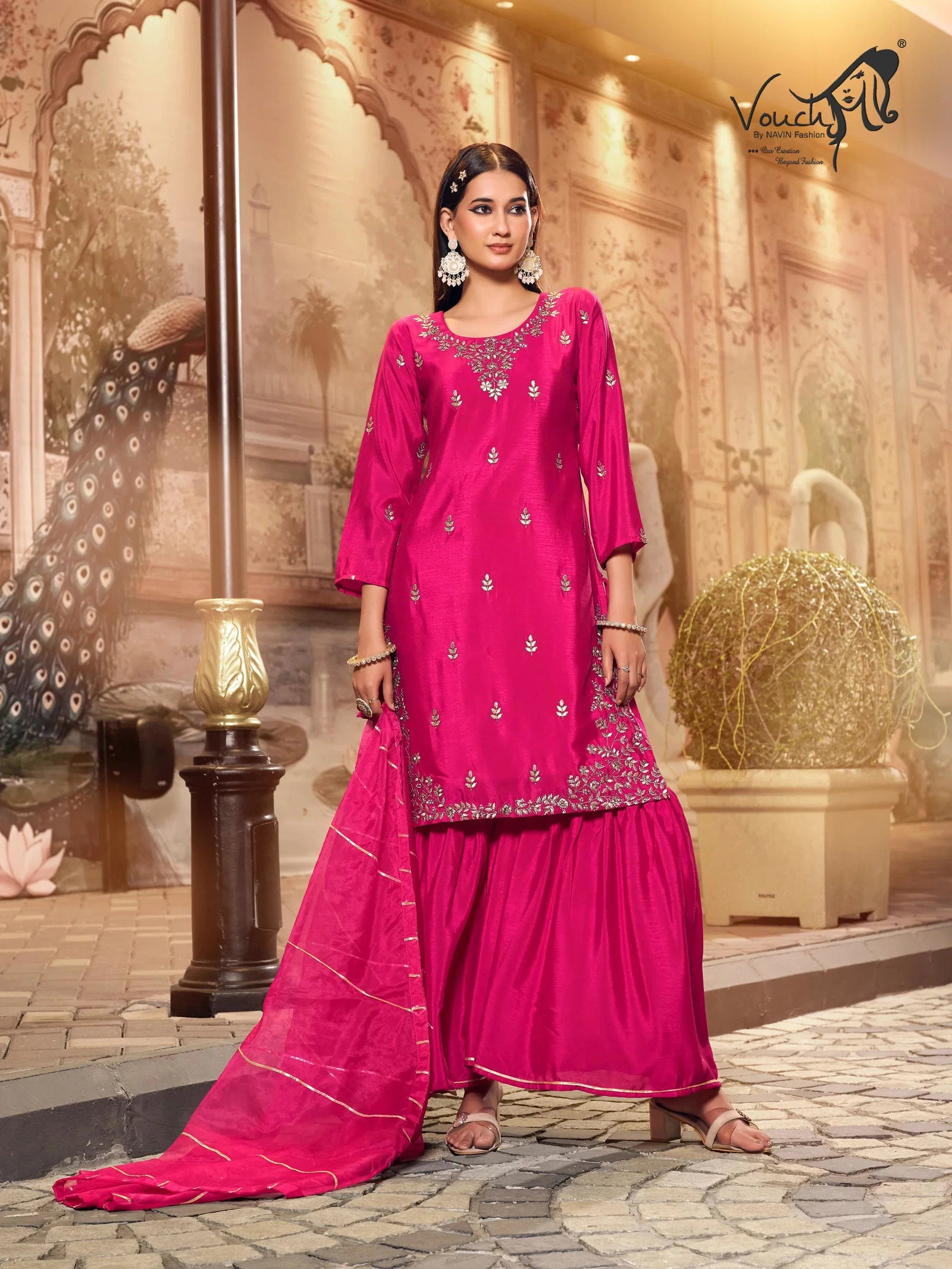 Vouch Pink Chinon Premium 3pc Salwar Suit Set Collection