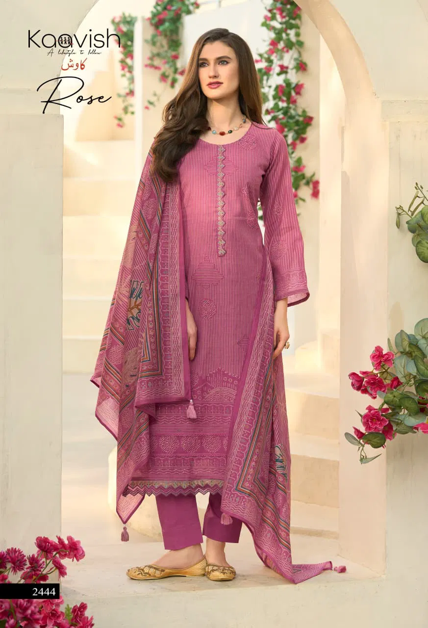 Kaavish Rose Mul Chanderi Foil Printed Dress Material