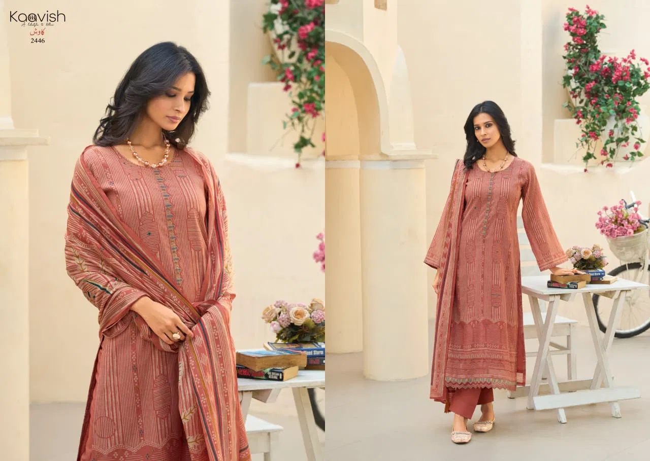 Kaavish Rose Mul Chanderi Foil Printed Dress Material