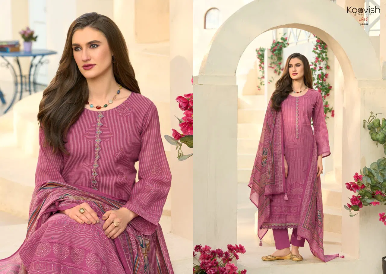 Kaavish Rose Mul Chanderi Foil Printed Dress Material