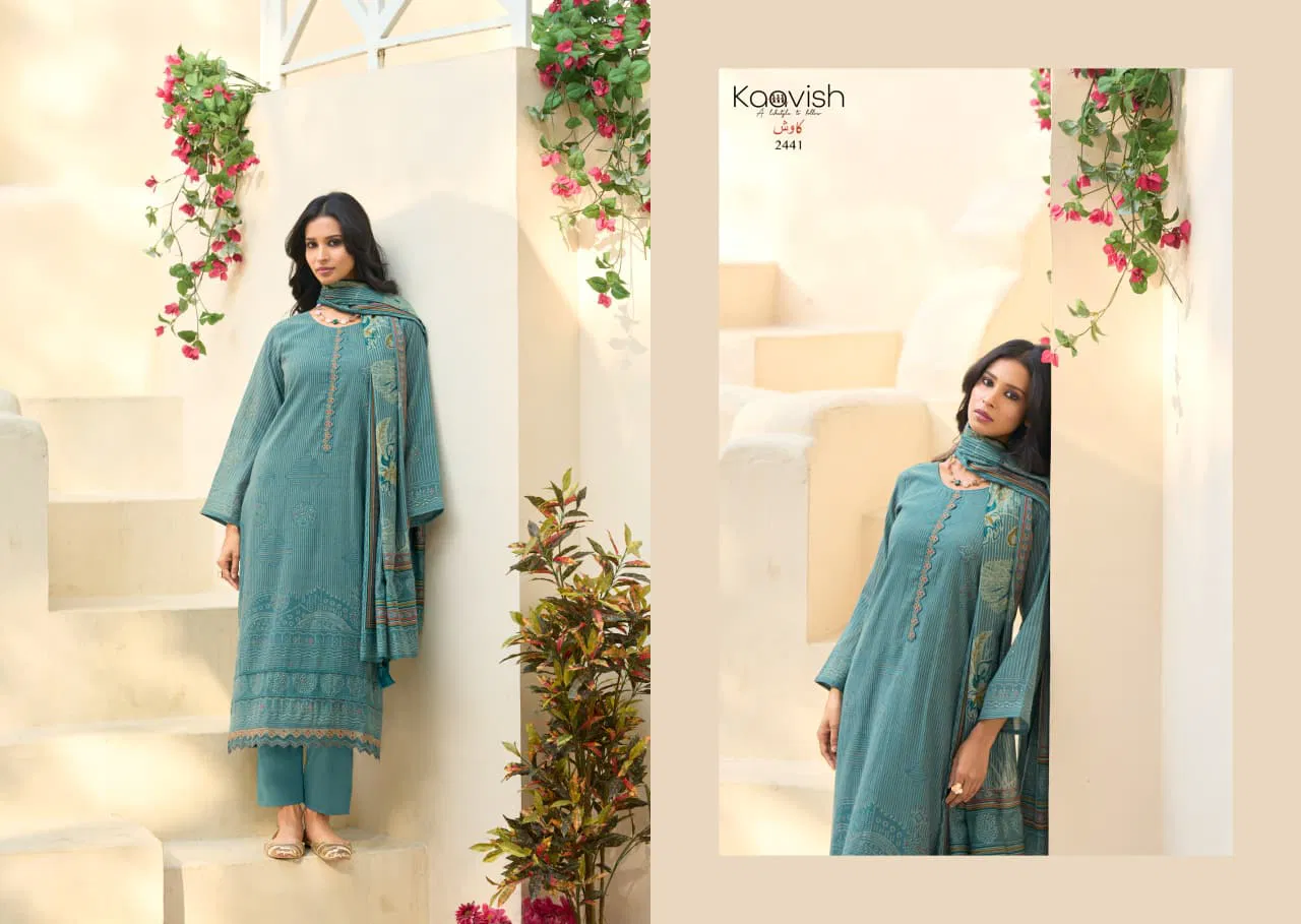 Kaavish Rose Mul Chanderi Foil Printed Dress Material