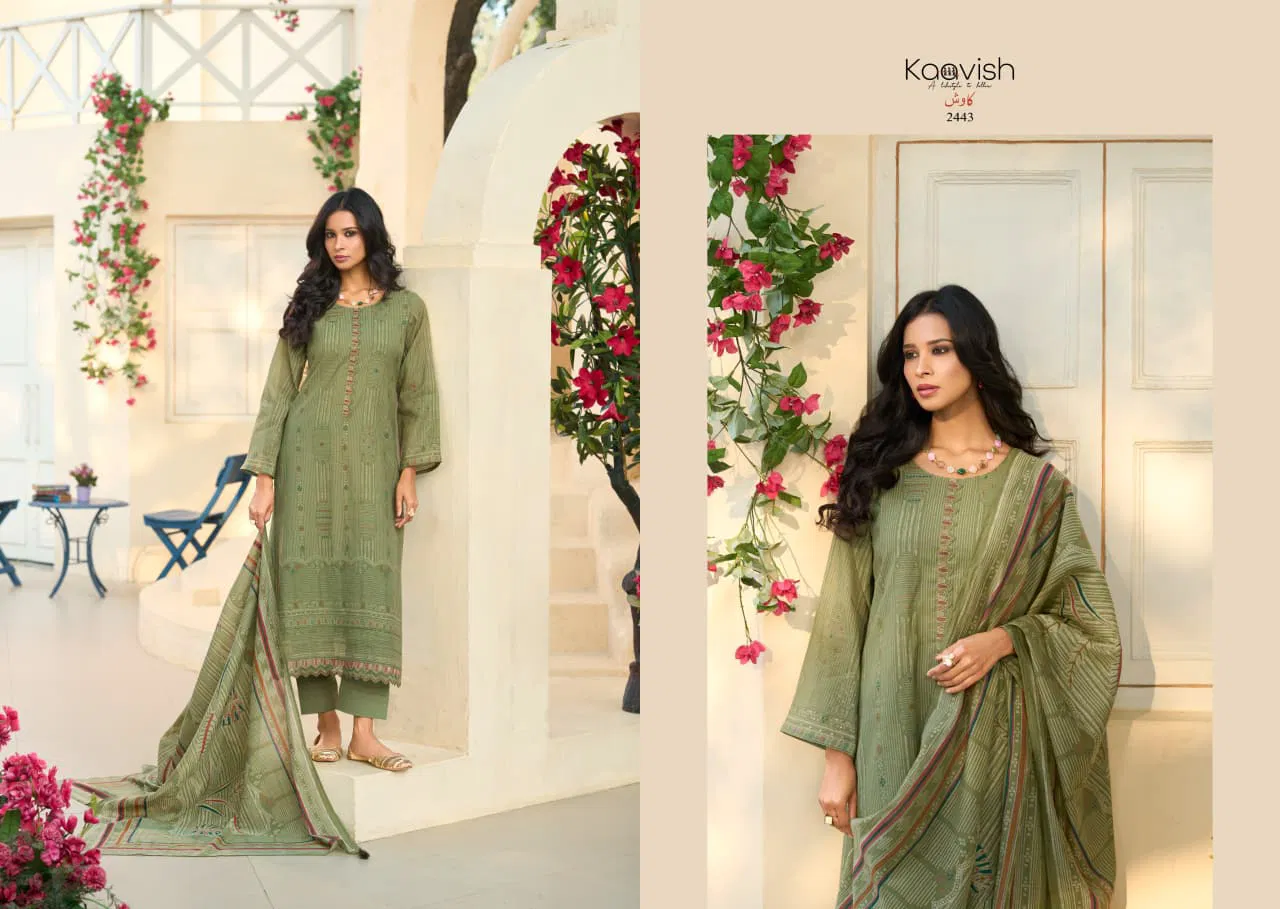 Kaavish Rose Mul Chanderi Foil Printed Dress Material