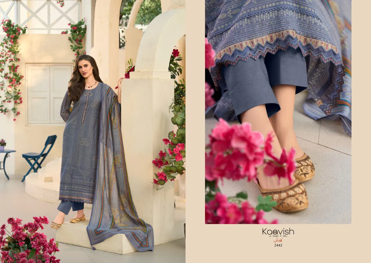 Kaavish Rose Mul Chanderi Foil Printed Dress Material