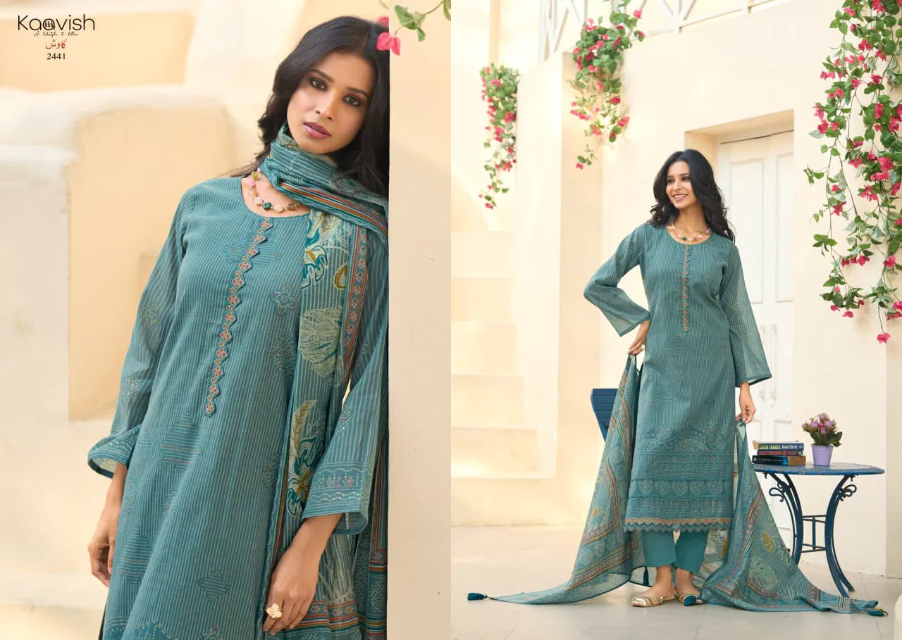 Kaavish Rose Mul Chanderi Foil Printed Dress Material