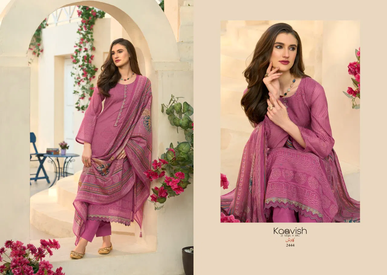 Kaavish Rose Mul Chanderi Foil Printed Dress Material