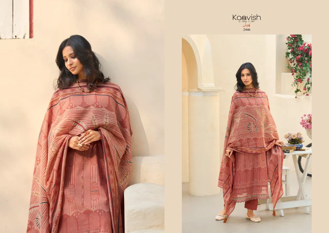 Kaavish Rose Mul Chanderi Foil Printed Dress Material