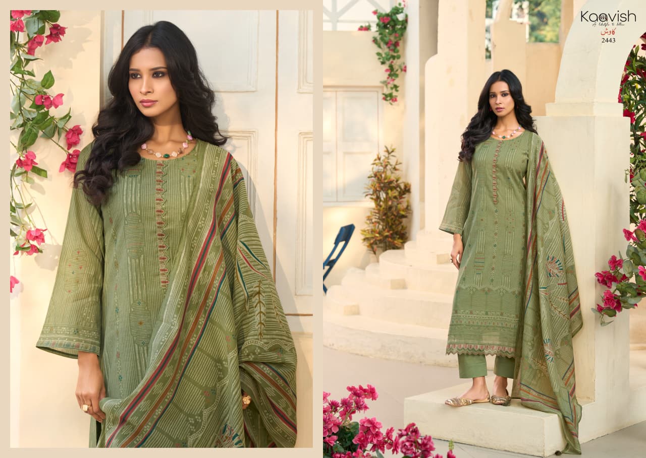 Kaavish Rose Mul Chanderi Foil Printed Dress Material
