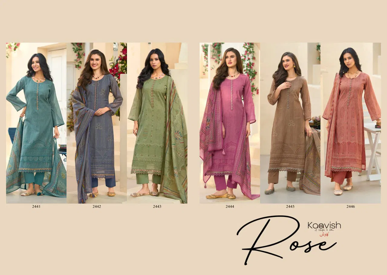 Kaavish Rose Mul Chanderi Foil Printed Dress Material