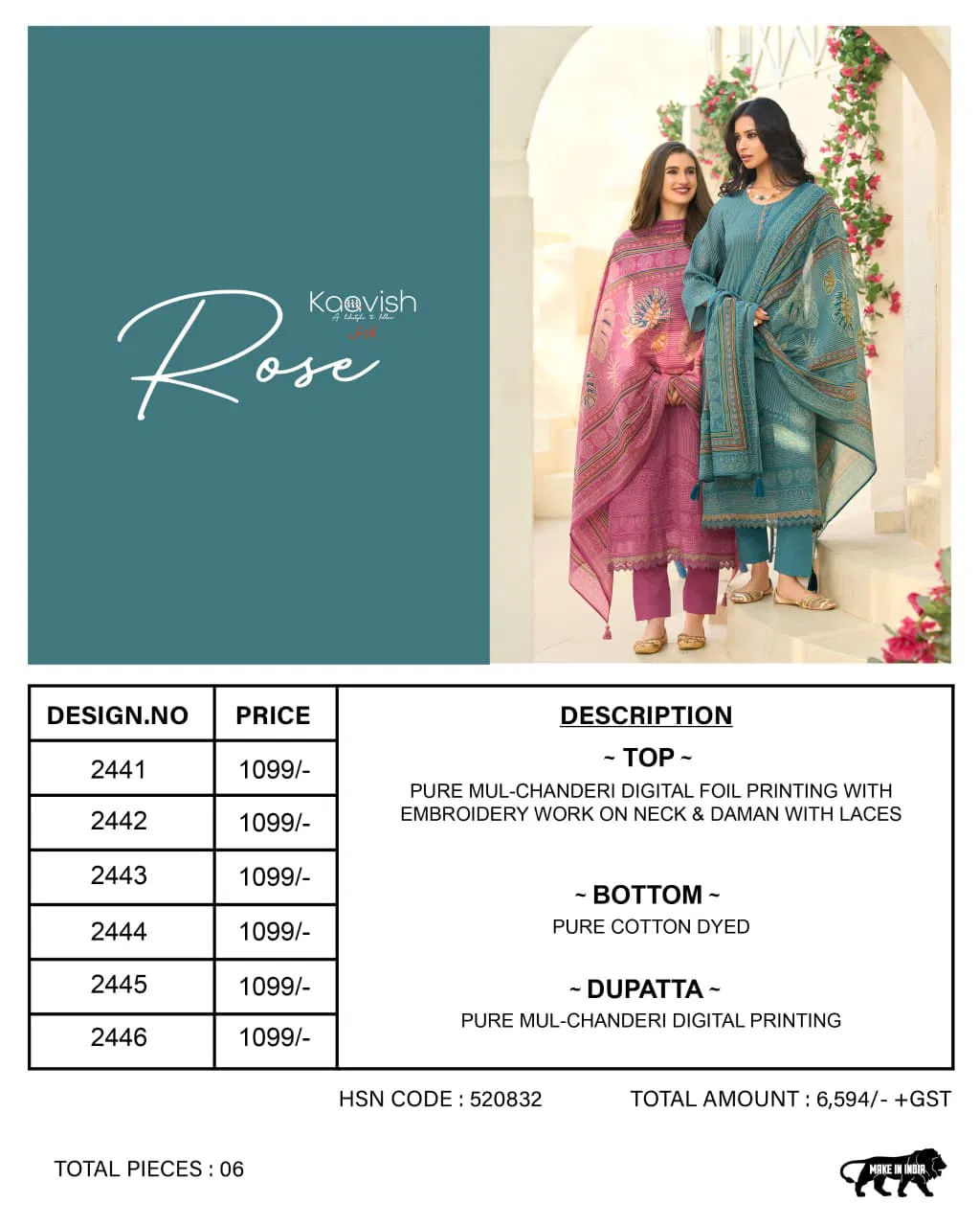 Kaavish Rose Mul Chanderi Foil Printed Dress Material