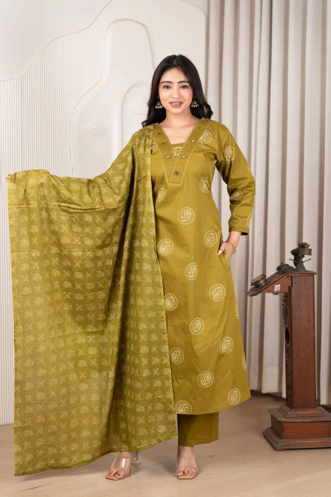 Naisha K 740 Cotton Dhabu Plus Size Fancy Printed Kurti With Bottom Dupatta