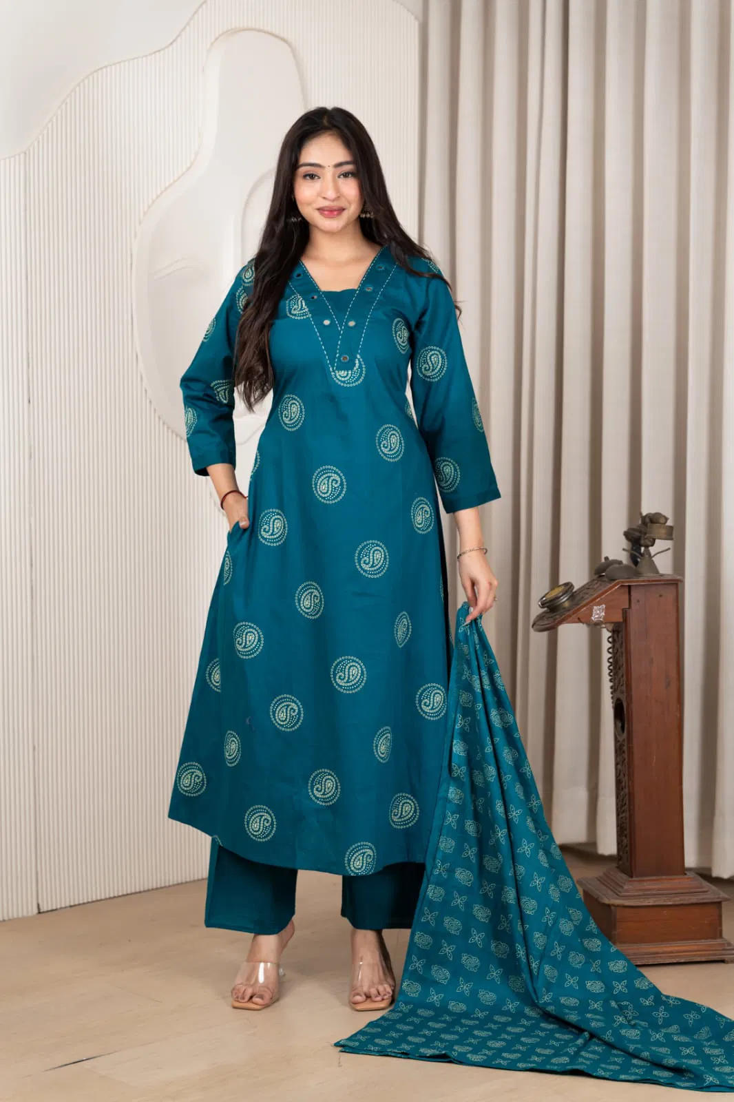 Naisha K 740 Cotton Dhabu Plus Size Fancy Printed Kurti With Bottom Dupatta