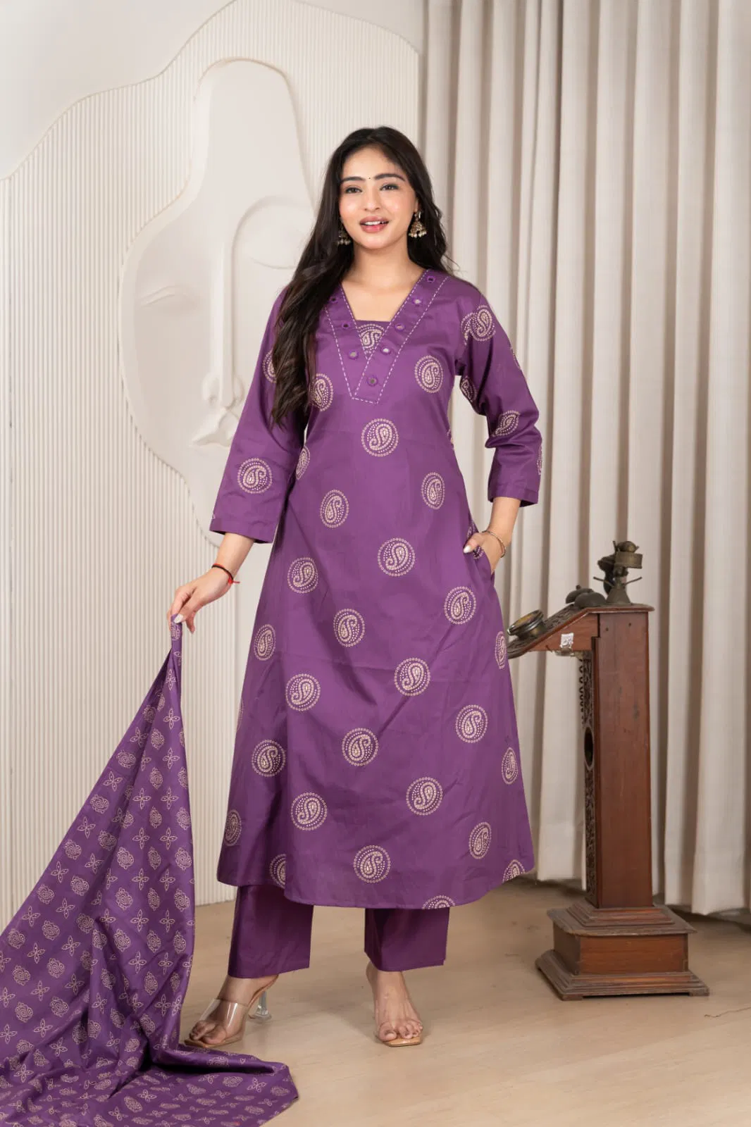 Naisha K 740 Cotton Dhabu Plus Size Fancy Printed Kurti With Bottom Dupatta