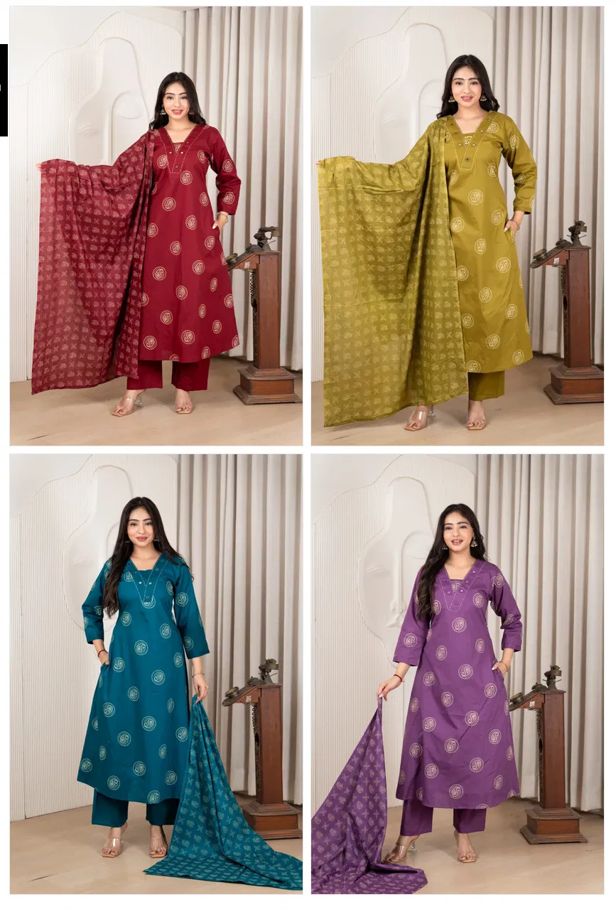 Naisha K 740 Cotton Dhabu Plus Size Fancy Printed Kurti With Bottom Dupatta