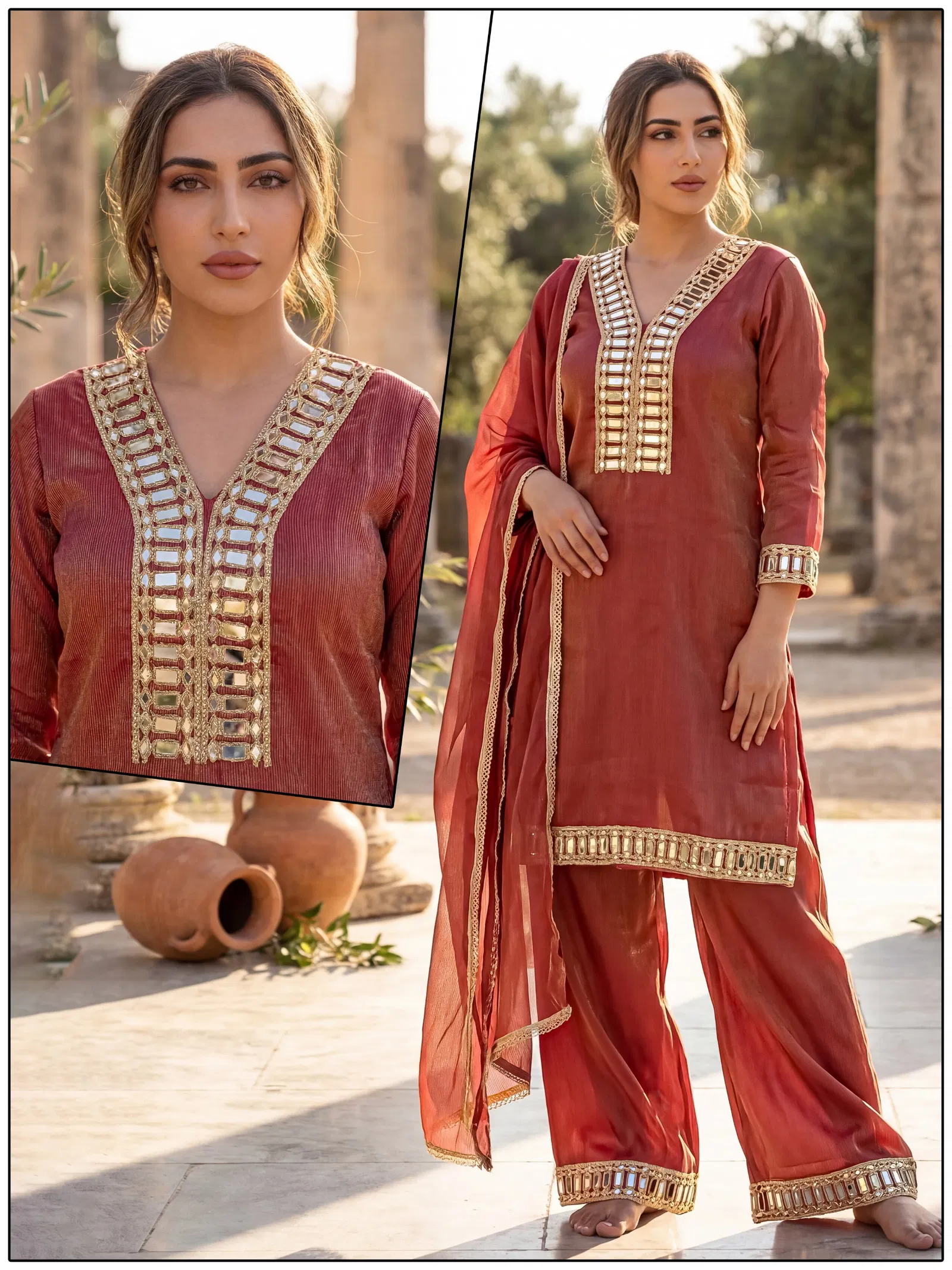 Naisha K 743 Roman Glass Mirror Worked Fancy Kurti With Bottom Dupatta