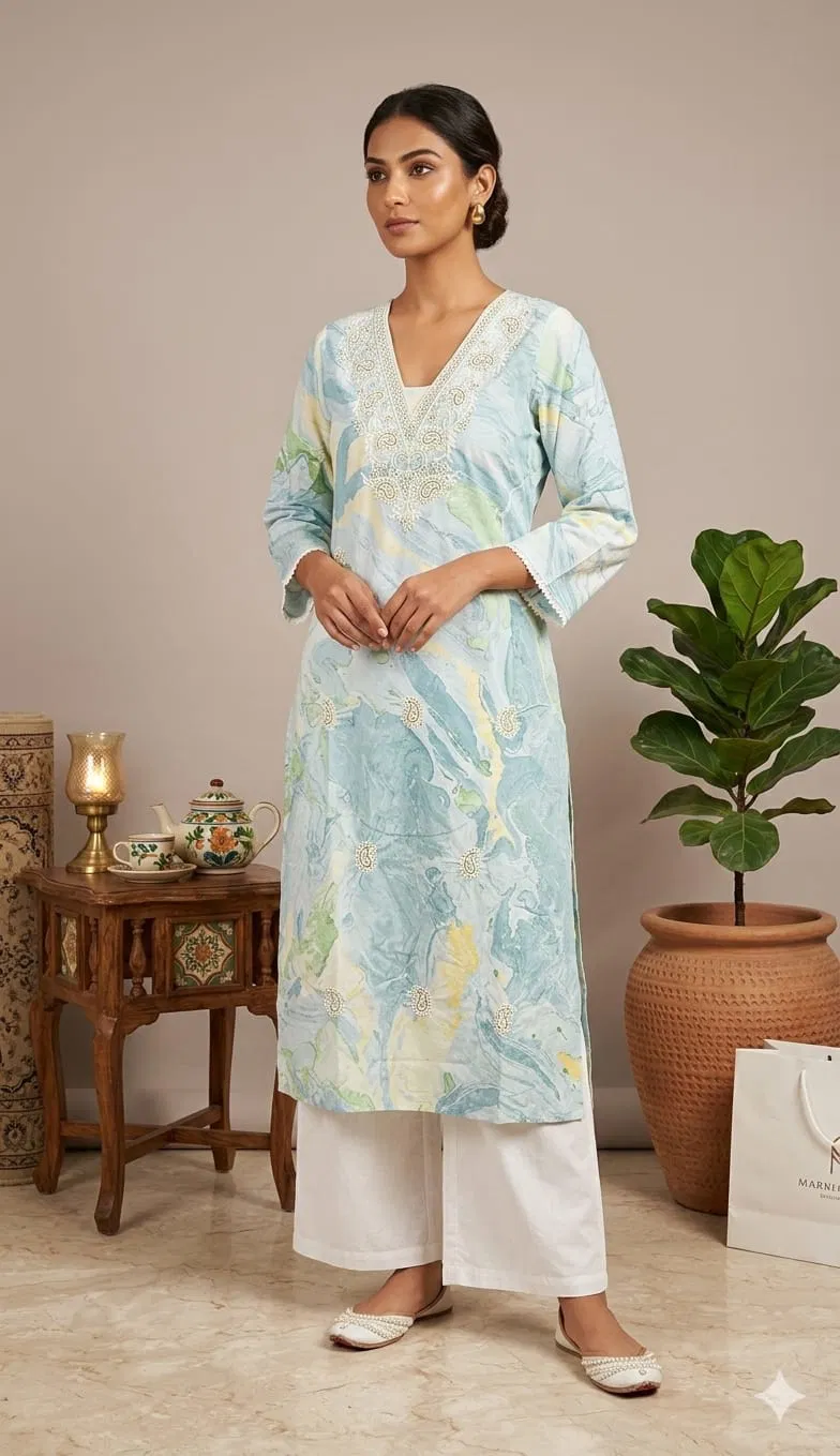 Naisha K 746 Cambric Cotton Marble Print With Embroidered Kurti Collection