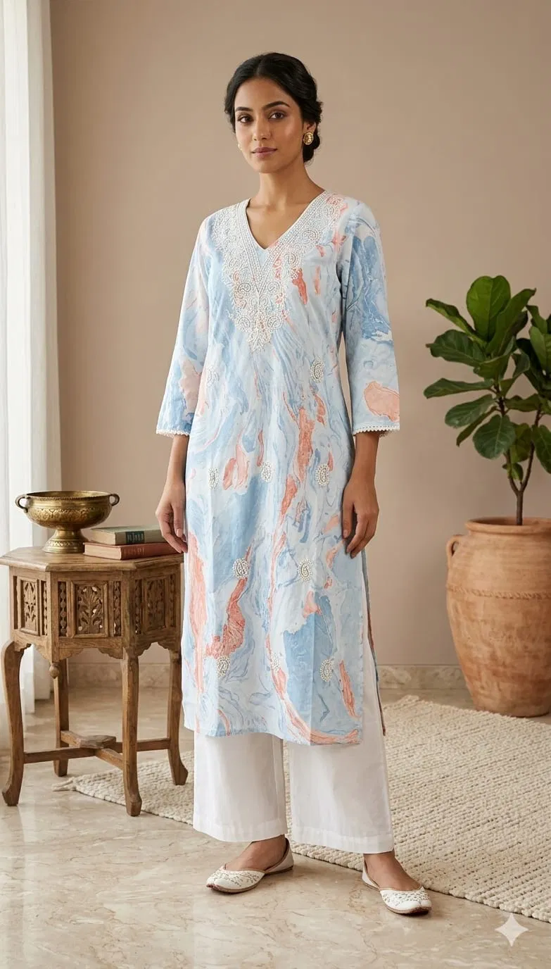 Naisha K 746 Cambric Cotton Marble Print With Embroidered Kurti Collection
