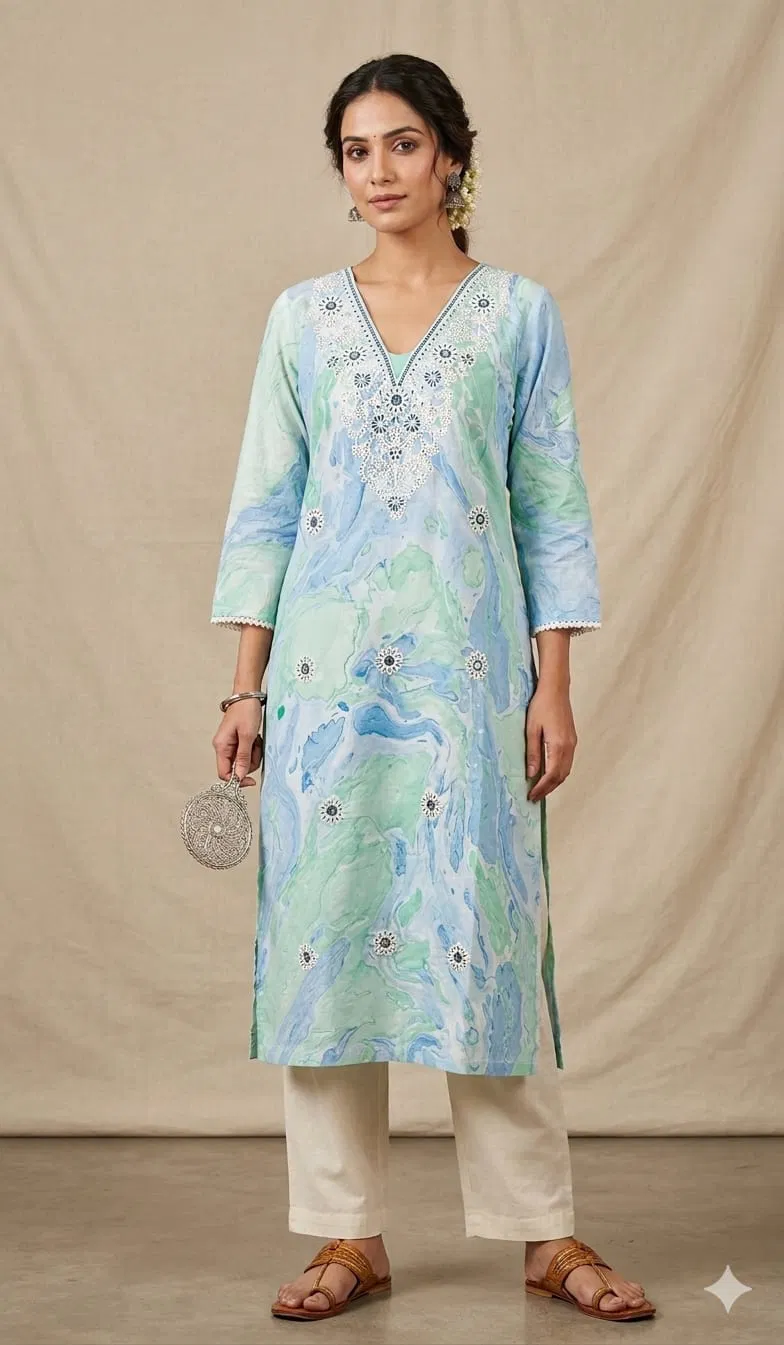 Naisha K 746 Cambric Cotton Marble Print With Embroidered Kurti Collection