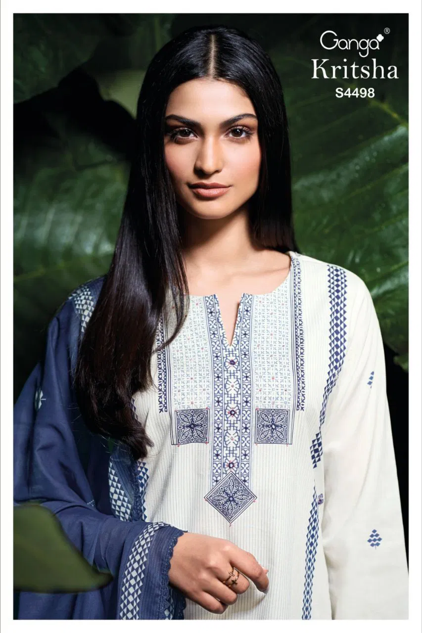 Ganga Kritsha S 4498 Cotton Printed Hand Embroidered Dress Material