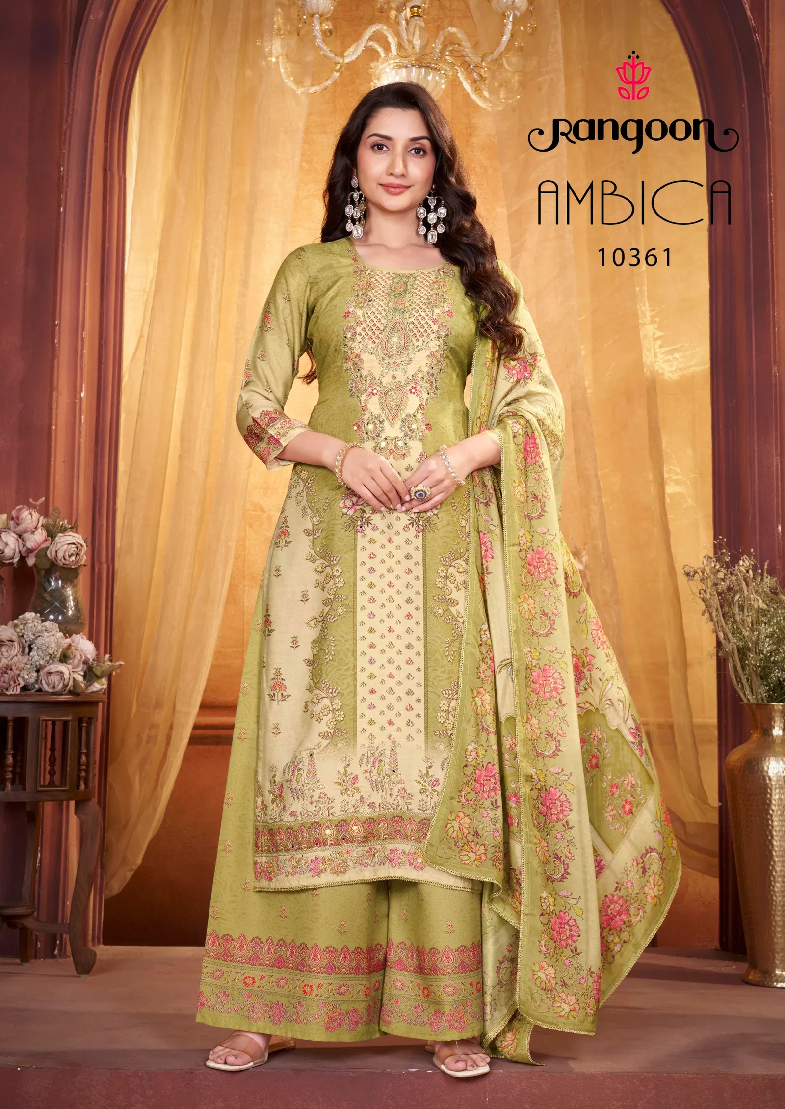 Rangoon Ambica Muslin With Jarkan Diamond Worked Kurti Plazzo And Dupatta
