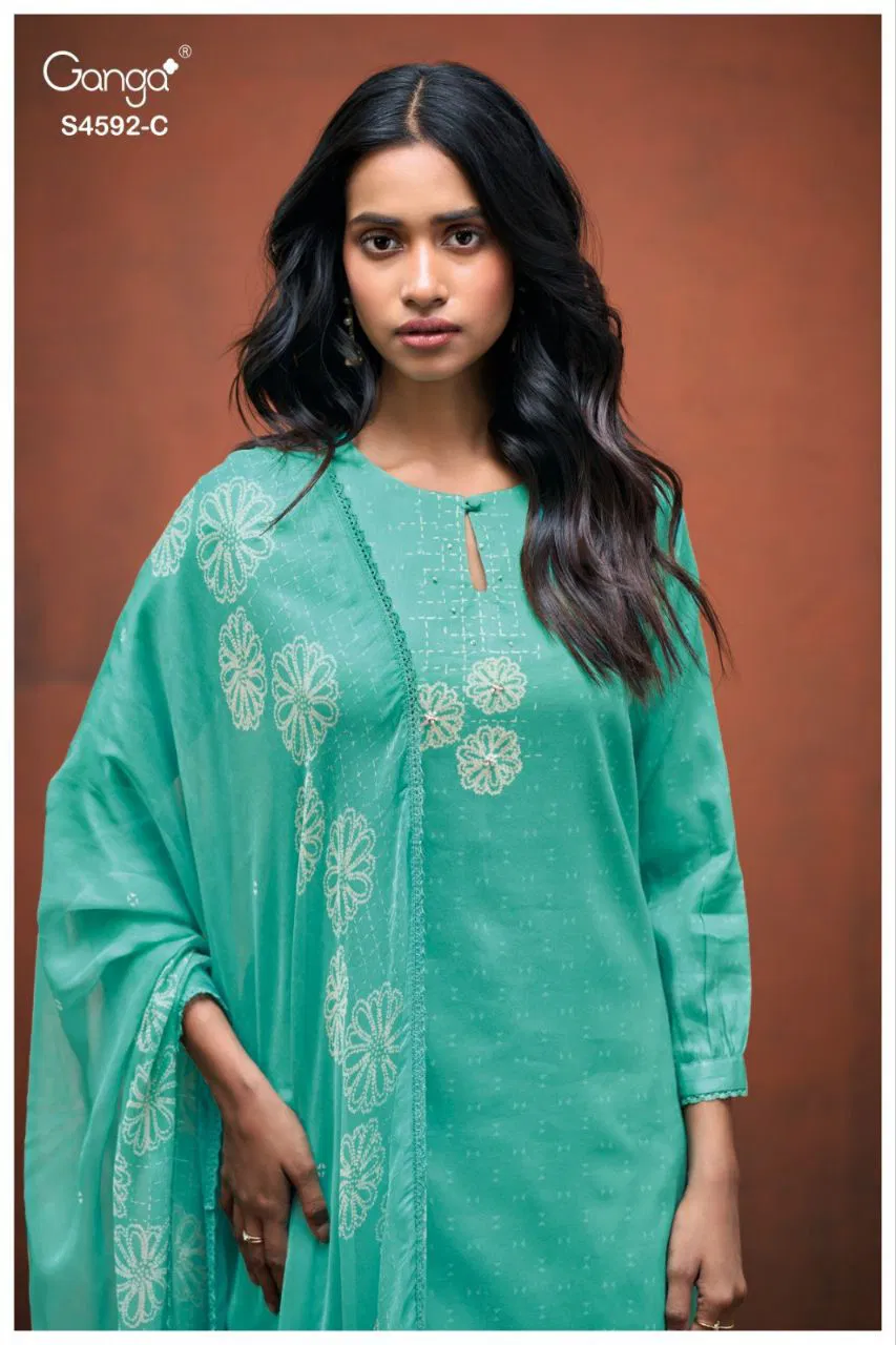 Ganga Girel S 4592 Satin Cotton Printed With Hand Worked Dress Material