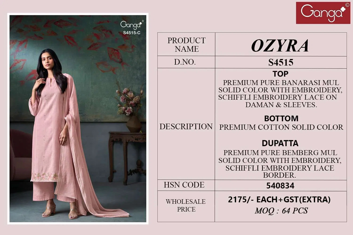Ganga Ozyra S 4515 Mul Banarasi Embroidered Designer Dress Material